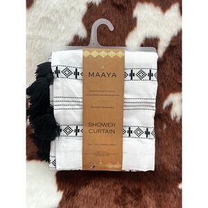 Maaya Boho Embroidered Tassel Shower‎ Curtain White Black Geometric